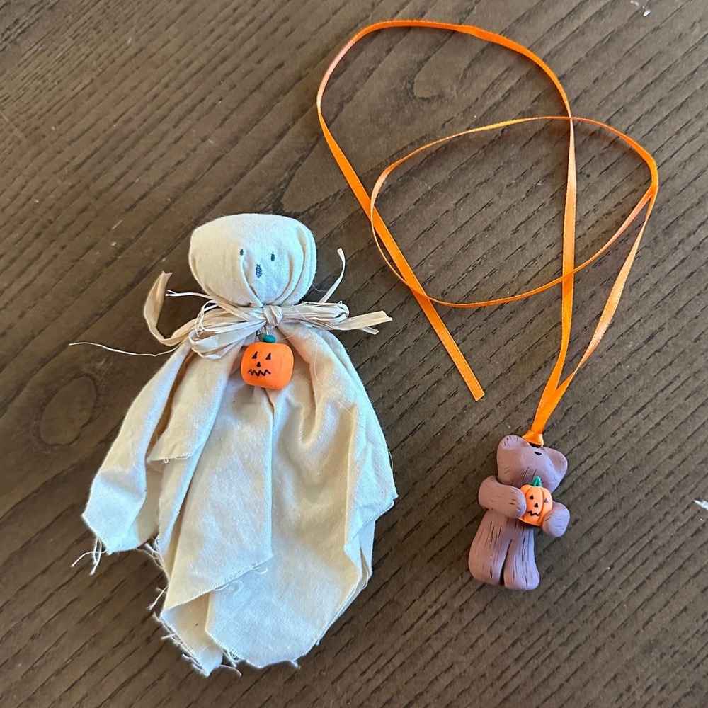 Handmade Halloween Ghost Pin and Clay Teddy Bear Pumpkin Set
